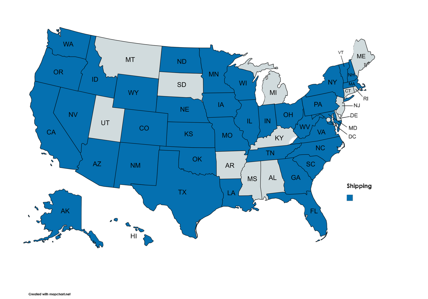 Map of the United States with states colored blue on a white background